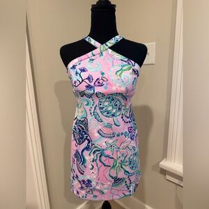 Lilly Pulitzer Pink and Blue Sea Print Halter Dress